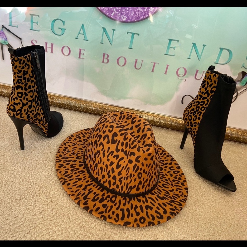 Sexy Leopard Peep Toe Ankle Boots & Hat Combo Brand New